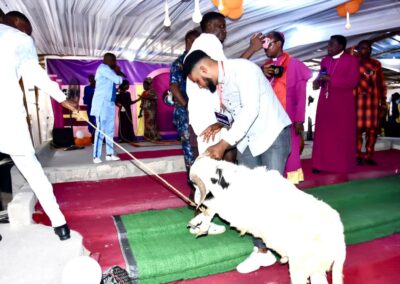 The Hosts, Bishop & Rev. (Mrs) Fred K. Arutere Esq. thanking God with  a Ram that is to be received by the Most Senior Guest Speaker, Archbishop Goddowel Avwomakpa!